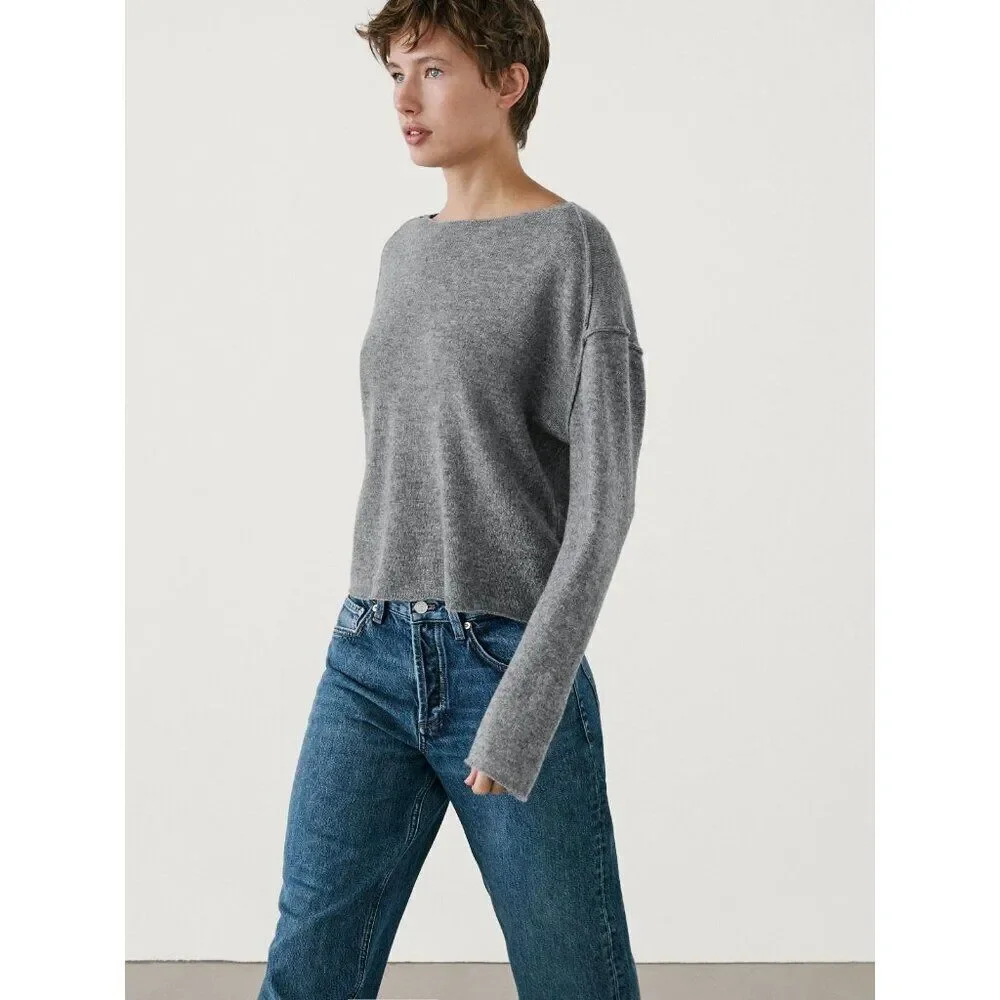 Massimo Dutti Women Sweater M Medium Knit Gray Crop shoulder seams 5727/621 NWT - Picture 3 of 7